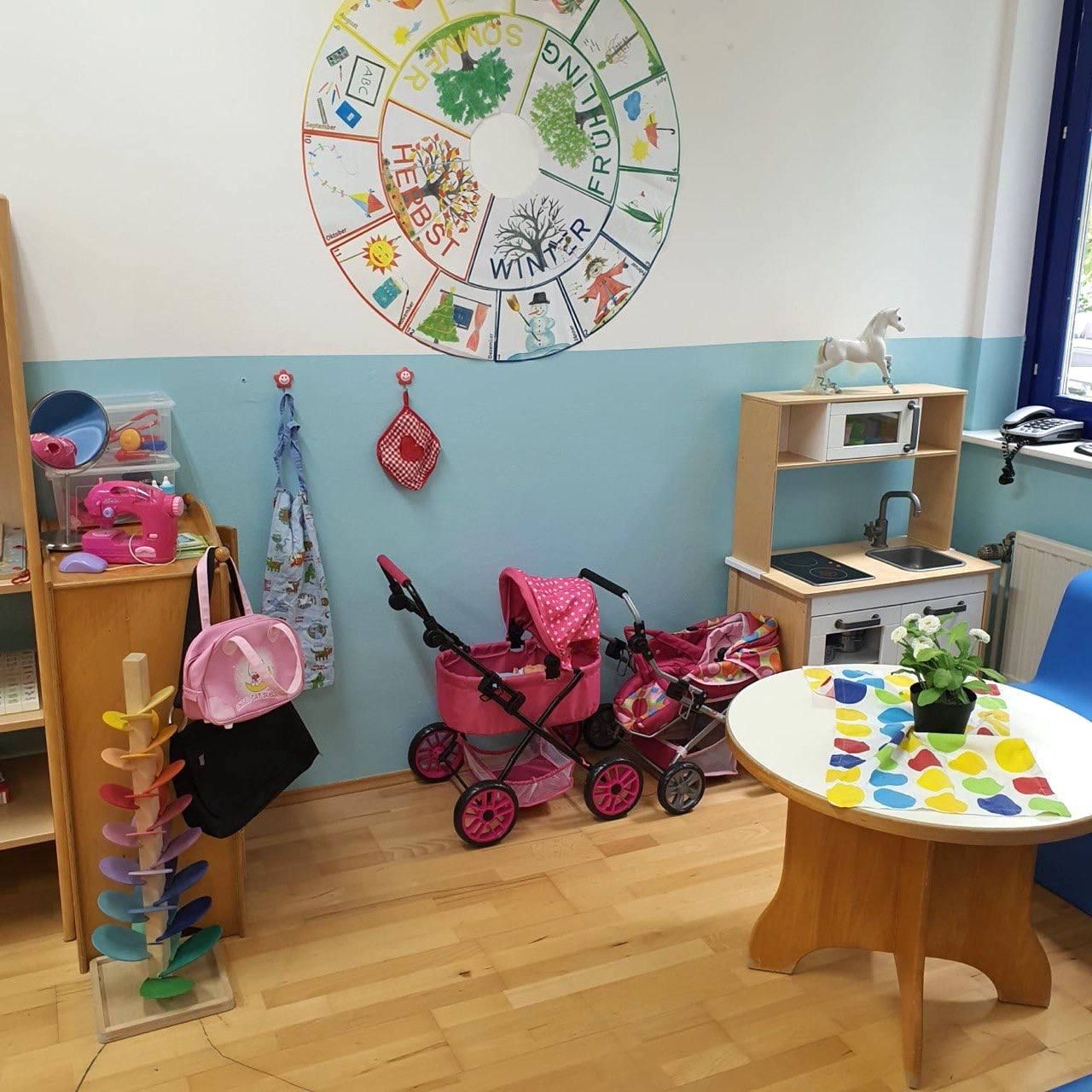 Puppenecke mit Kinderküche und Kinderwagen